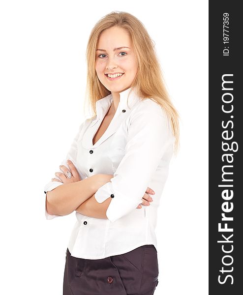 Confident young business woman standing and smiling cheerfully. Confident young business woman standing and smiling cheerfully