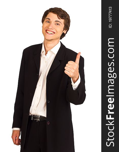 Happy business man standing showing thumbs up and smiling. Happy business man standing showing thumbs up and smiling