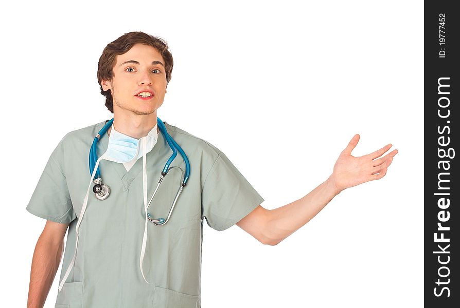 Attractive young male doctor standing making presentation. Attractive young male doctor standing making presentation