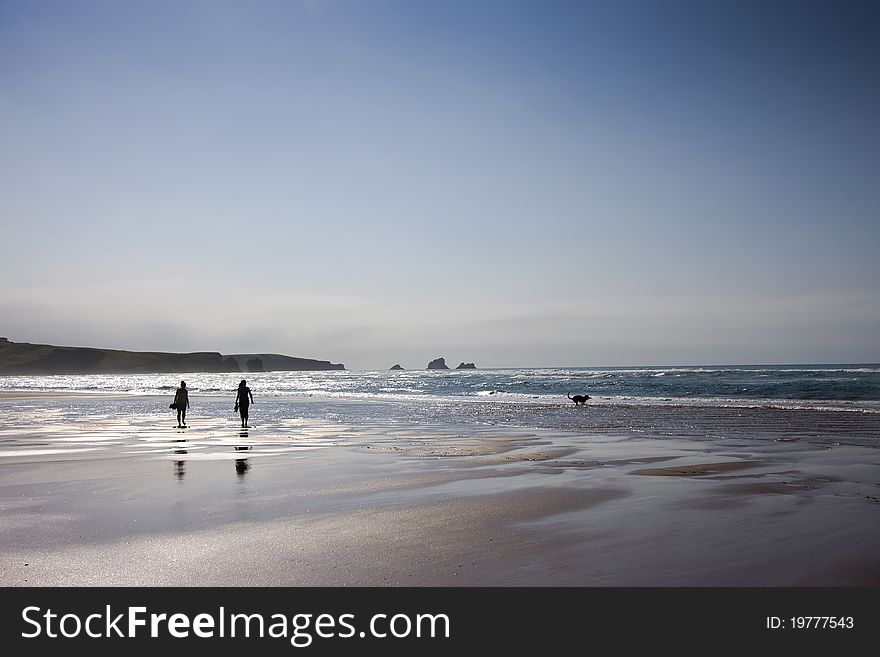 Two young girls walking with dog at beach