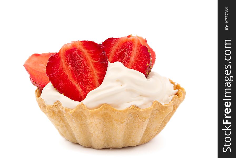 Strawberries and cream in a basket on a white background