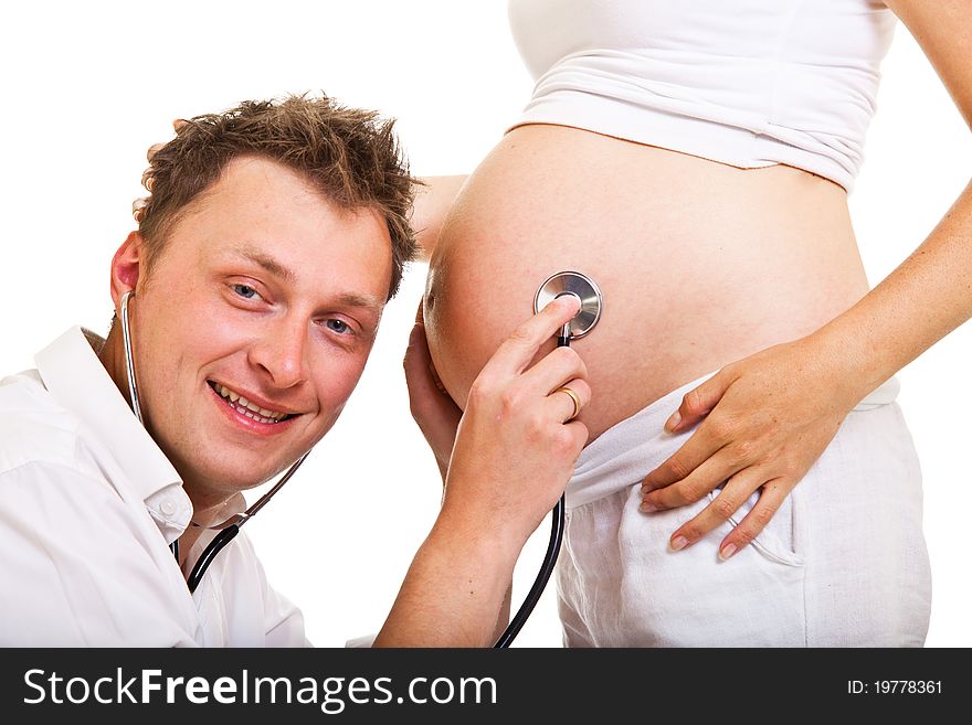 Pregnant woman with man isolated on white. Pregnant woman with man isolated on white