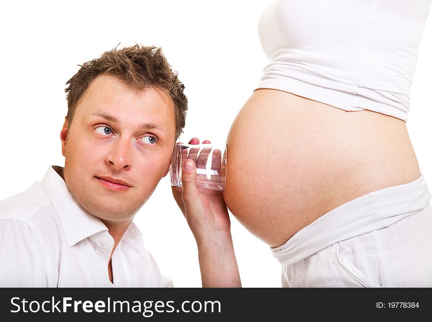 Pregnant woman with man isolated on white. Pregnant woman with man isolated on white