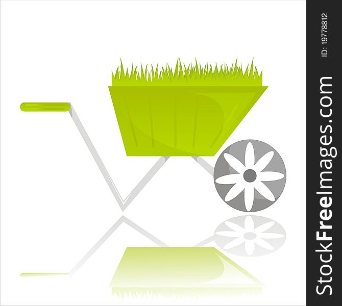 Green garden wheelbarrow with grass. Green garden wheelbarrow with grass