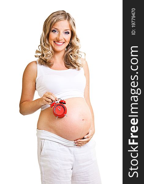 Pregnant woman with clock isolated on white. Pregnant woman with clock isolated on white