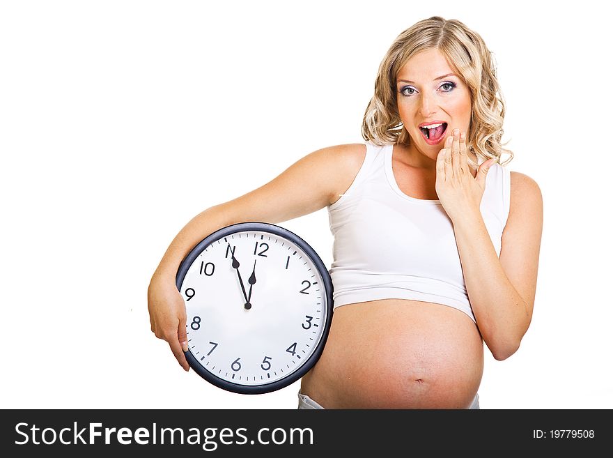 Pregnant woman with clock isolated on white. Pregnant woman with clock isolated on white