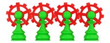 Four Green Pawns Merged With Red Gears. Royalty Free Stock Image Four Green Pawns Merged With Red Gears. Royalty Free Stock Image
