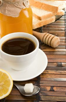 Coffee, Honey, Lemon And Bread On Table Royalty Free Stock Photos Coffee, Honey, Lemon And Bread On Table Royalty Free Stock Photos