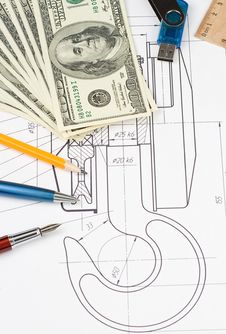 Pen And Pencil, Dollars On Drafting Stock Photo