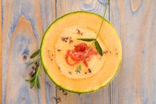 Melon Soup With Parma Ham And Lavender Royalty Free Stock Photography Melon Soup With Parma Ham And Lavender Royalty Free Stock Photography