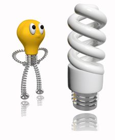 Orange Cartoon Bulb Looking At Energy Saving Bulb Stock Photography Orange Cartoon Bulb Looking At Energy Saving Bulb Stock Photography