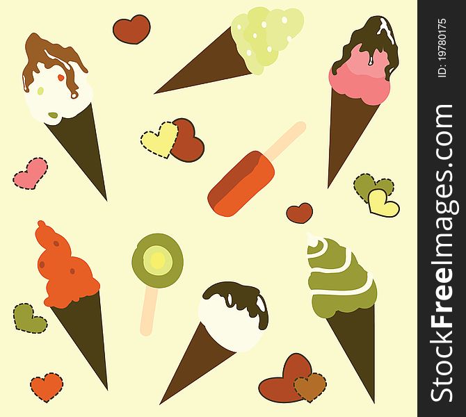 Ice cream background, illustration with a different ice cream