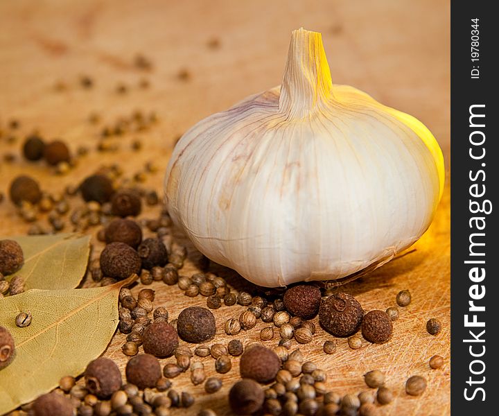 Garlic and spices on a cutting board