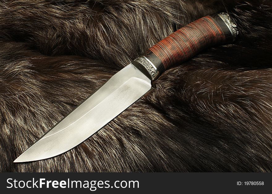 Knife on fur of a black fox