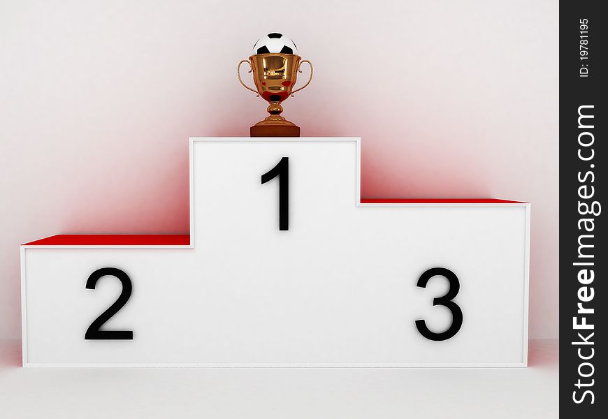 Podium with a soccer ball in the cup on white background. 3D