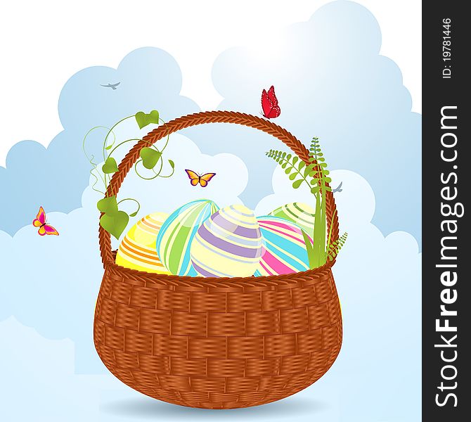 Decorated easter eggs in a wicker basket with butterflies and fluffy clouds. Decorated easter eggs in a wicker basket with butterflies and fluffy clouds