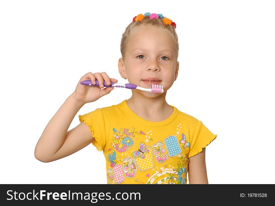 Girl has control over a tooth-brush. Isolated on white. Girl has control over a tooth-brush. Isolated on white