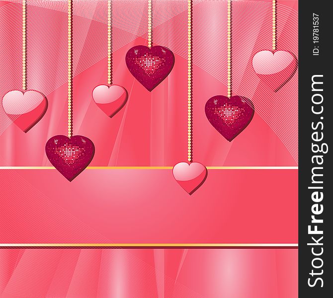Glossy pink and sparkling valentine hearts on a silk background with banner area for copy. Glossy pink and sparkling valentine hearts on a silk background with banner area for copy