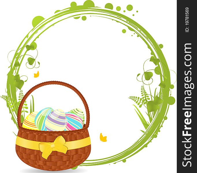 Basket of decorated Easter eggs on a floral circular border. Basket of decorated Easter eggs on a floral circular border