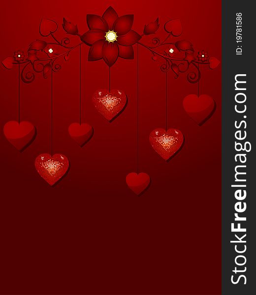 Dangling Valentine Hearts And Red Background