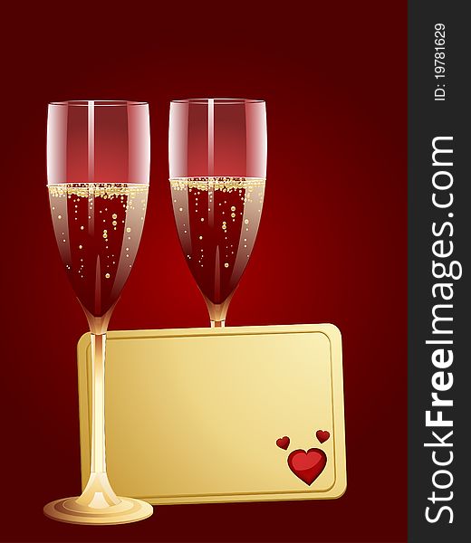 Gold valentine message tag with two glasses of bubbly champagne on a red background. Gold valentine message tag with two glasses of bubbly champagne on a red background