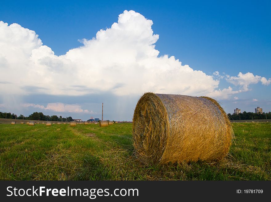 Hay stack on the green meadow