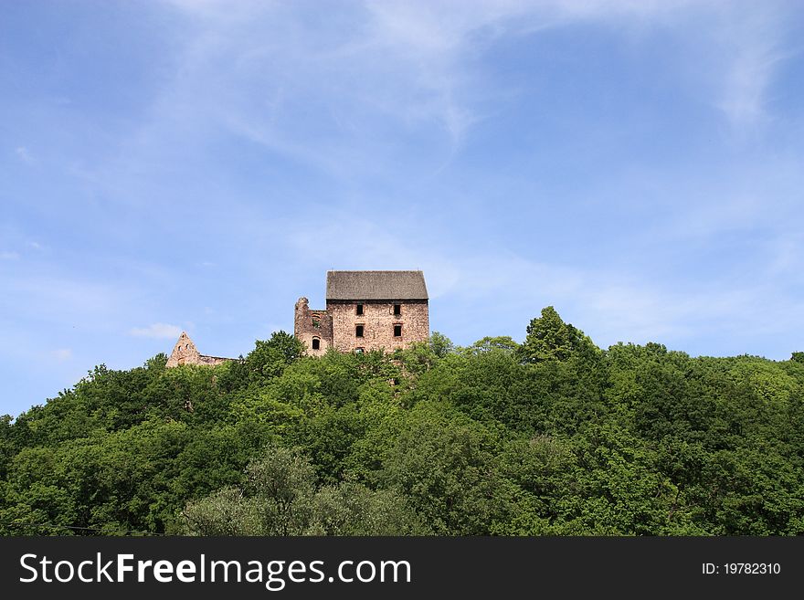 Swiny Castle in Poland. View from the neighboring hills.