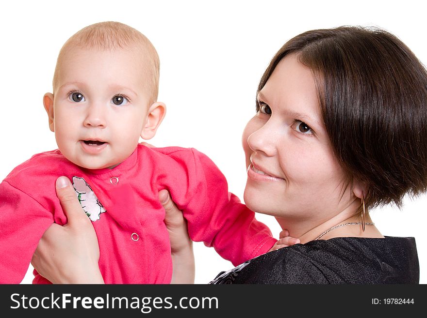 Mother with a baby on a white background