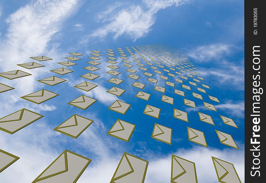 Big array of letter envelopes flying away from a viewer into the cloudy sky disappearing as going farther. Big array of letter envelopes flying away from a viewer into the cloudy sky disappearing as going farther