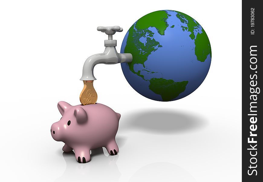 Golden coin dripping from a faucet of shiny metal attached to the Earth into a pink piggy bank. Golden coin dripping from a faucet of shiny metal attached to the Earth into a pink piggy bank