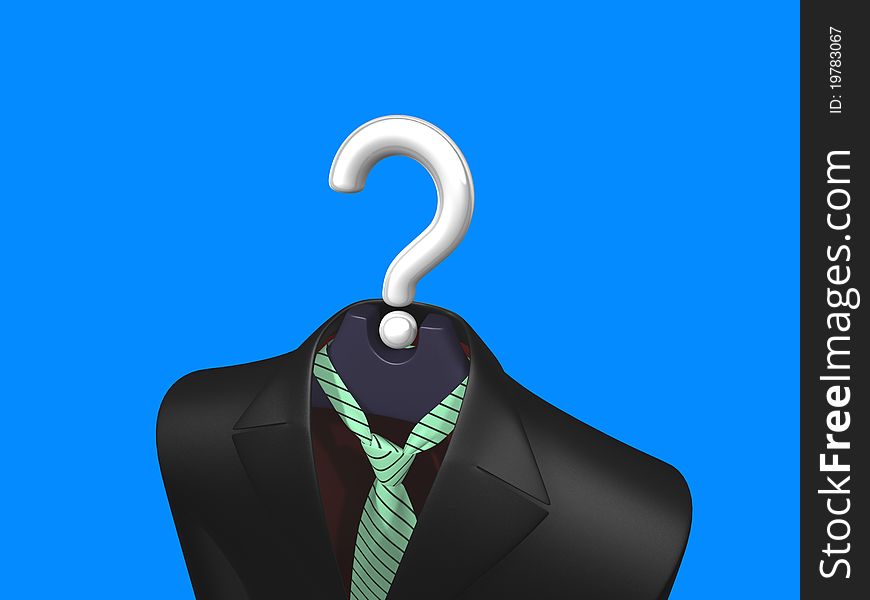 Black jacket and green tie with sloping black stripes hanging on a fancy hanger with white shiny question mark in place of wire hook on blue background. Black jacket and green tie with sloping black stripes hanging on a fancy hanger with white shiny question mark in place of wire hook on blue background