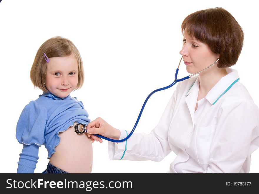 Doctor and child on a white background.