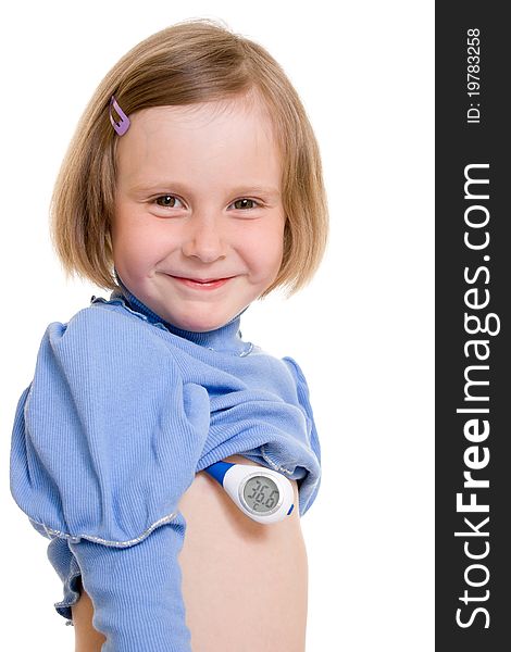 A child with a thermometer on white background