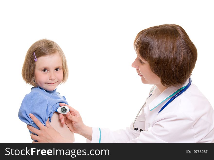 Doctor and child on a white background.