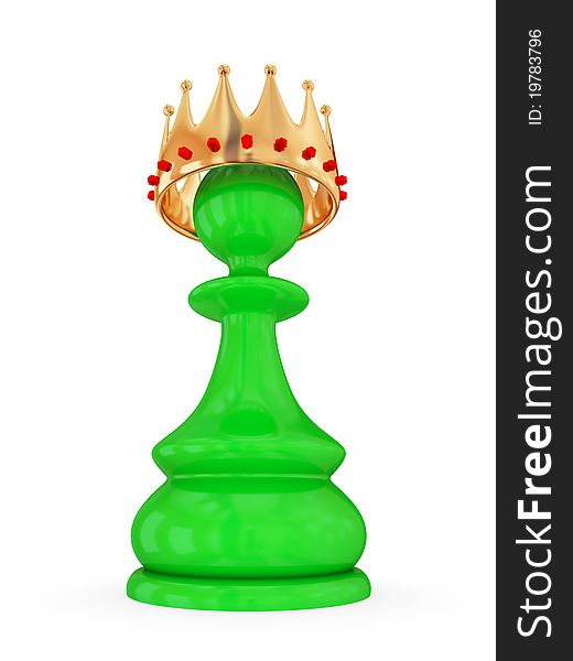 Green pawn with a large golden crown. Future official growth concept. Isolated on white. 3d rendered.