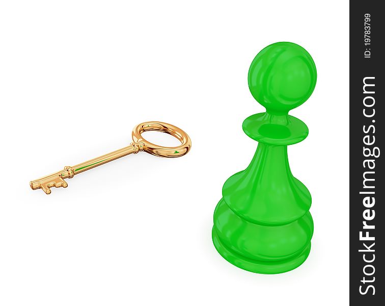 Green pawn near golden antique key. Isolated on white background. 3d rendered.