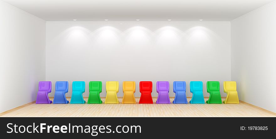 Lots of colorful plastic chairs in big empty  room l. 3d rendered. Modern interior composition.