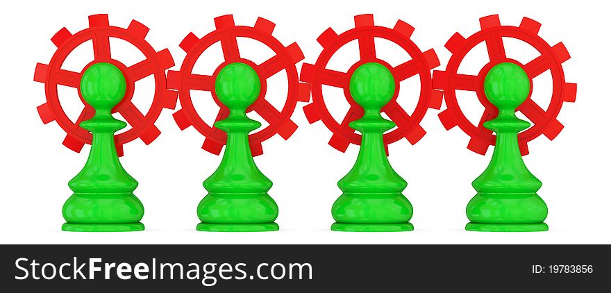 Four green pawns merged with red gears. Teamwork concept. Isolated on white.
