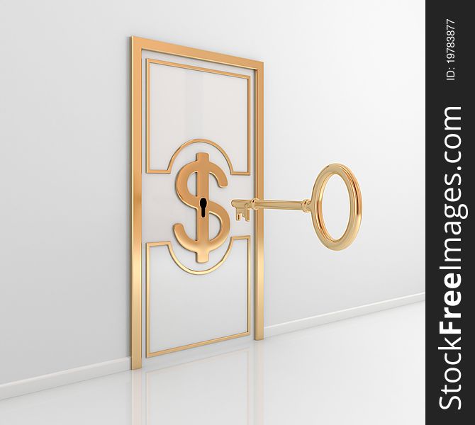 Abstract door with golden ornate frame, dollar sign in the middle and antique key. 3d rendered.