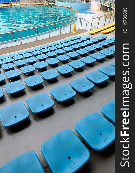 Blue plastic seats in rows in an outdoor theatre