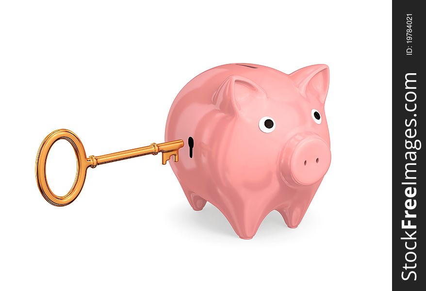 Pink piggy-bank with keyhole and vintage golden key. Isolated on white background. 3d rendered.