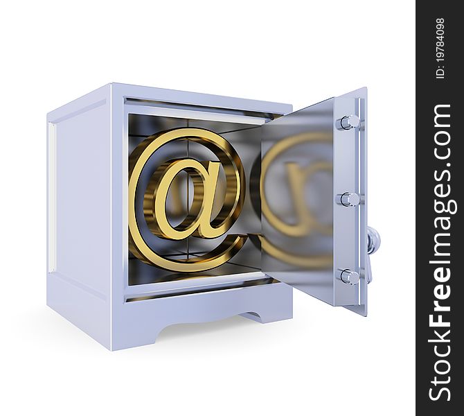 Iron safe with golden e-mail sign inside. Information protection concept. Isolated on white background. 3d rendered.
