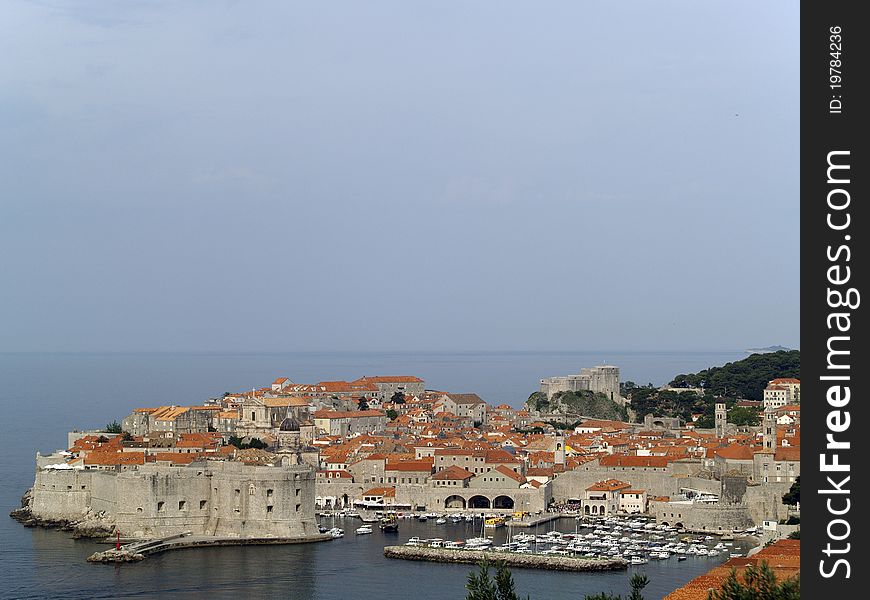 Dubrovnik cityscape telezoom shot from far mountain