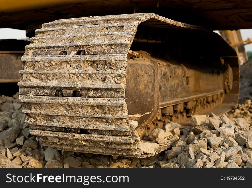 Excavator track in a closeup view