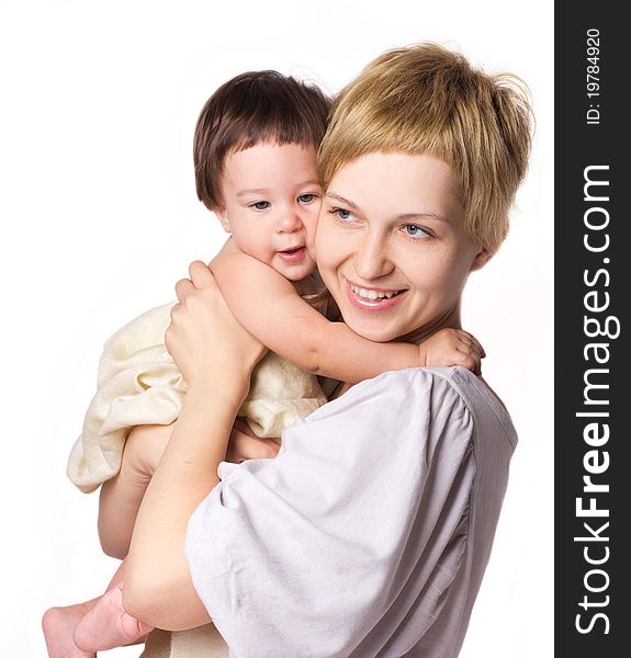 Young mother with little son isolated on the white. Young mother with little son isolated on the white