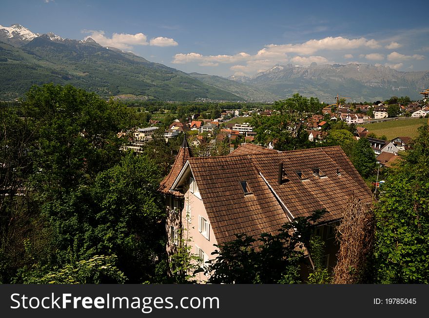 Old town Vaduz - city under mountains. Old town Vaduz - city under mountains