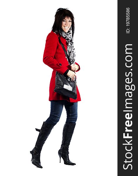 Woman In Red Coat Excited