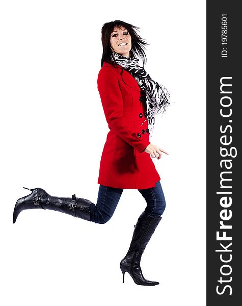 Woman In Red Coat Leaping
