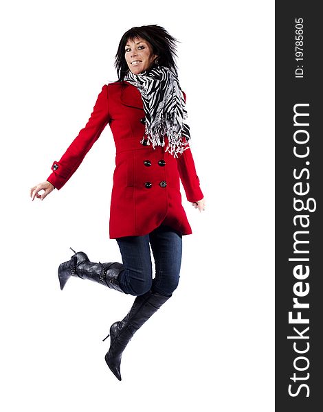 Woman In Red Coat Jumping