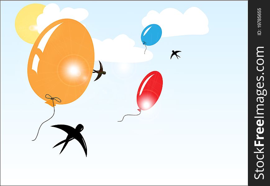 Illustration of balloons flying in the sunny sky with birds and clouds